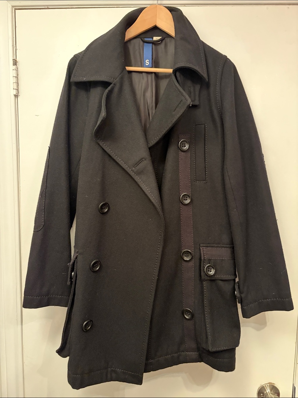 H&M Men's Black Double-Breasted Wool-Blend Peacoat